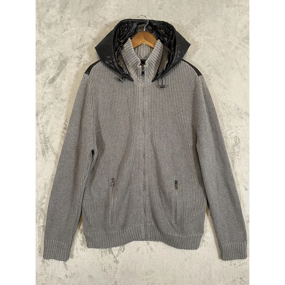 INC International Concepts Jacket Mens XL Gray Black Knit Puffer Hooded Full Zip